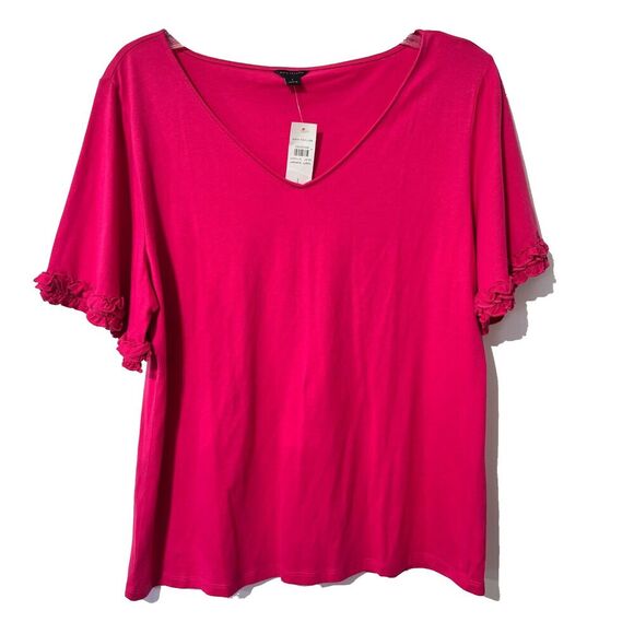Ann Taylor Tops - NWT Ann Taylor Womens T-Shirt Pink Large Ruffled Short Sleeve V Neck Comfy